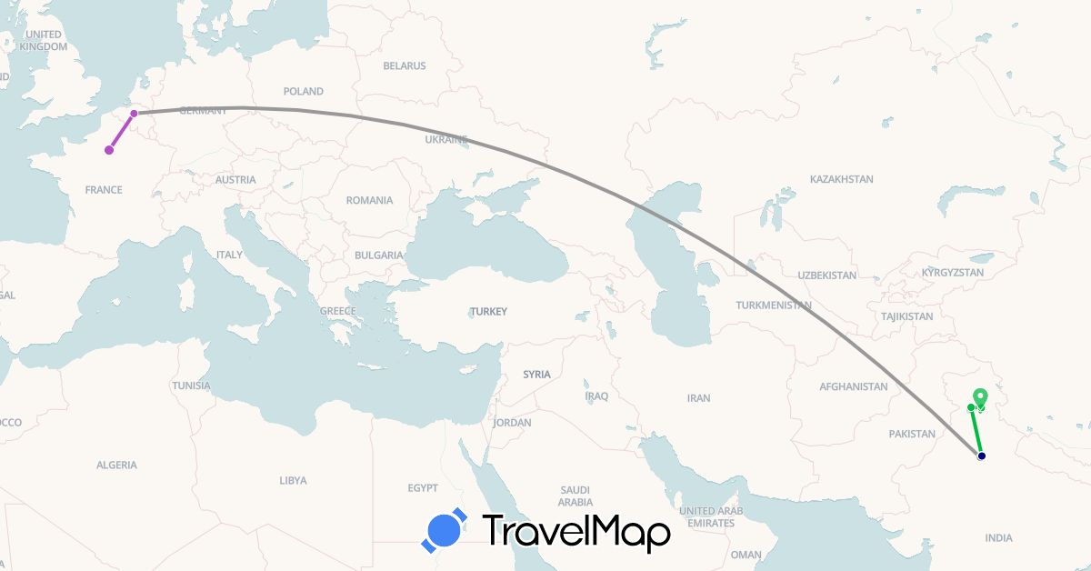 TravelMap itinerary: driving, bus, plane, train in Belgium, France, India (Asia, Europe)